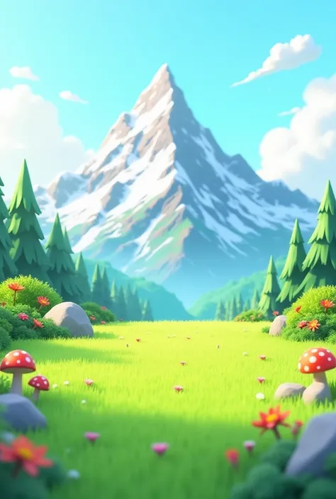 Background for the presentation of a horizontal lawn on a mountain in the style of a 3D cartoon 