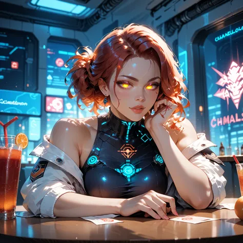 A chamelion with glowing eyes sits on the table with futuristic drinks