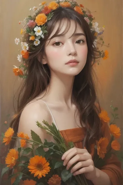  A woman with a flower on her head is an acrylic painting, In the style of Lucy Glendinning, ,  organic and natural composition in the style of Lucy Glendinning, Floral Explosion, Ferris Pick, Light orange and brown, Calm face --ar 3:4 -