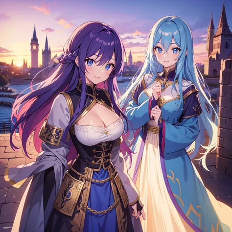  wearing colored hair and medieval paladin costume、A woman in elaborate armor,  beautiful detailed eyes,  lips with beautiful details,   Very elaborate eyes and face , long eyelashes, Accurate Fingers,  is standing, smile, Medieval town with castle in back...