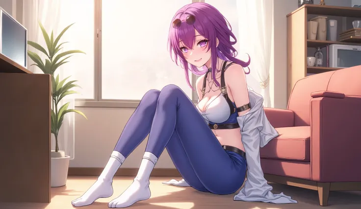 Kafka (from the videogame Honkai Star Rail), slim body, small breasts, wearing a blue sports-bra, wearing blue leggings, wearing white socks over the leggings, sitting on the floor, focus on her feet, in a sunny japanese livingroom, look into the camera