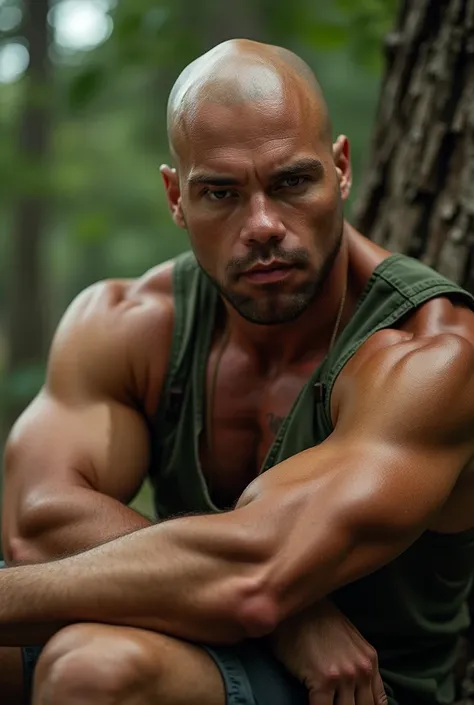  face close-up， A muscular bald young hunk，American-style inch ，Round Face，Rest in a tree in an army green vest and shorts，face lens，