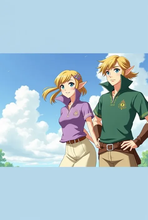 Anime Beautiful Princess Zelda wearing a Purple Polo with her Husband Prince Link he's wearing a Green Massive Popped Collar Polo with a collar so high it's taller than his head