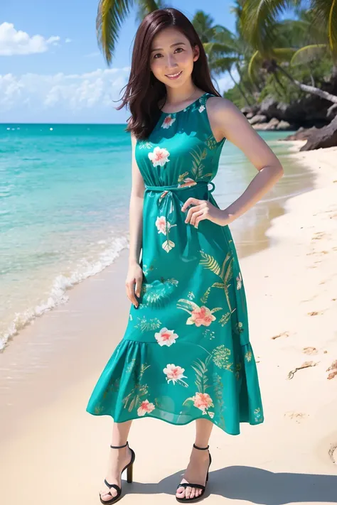 realistic photo,UHD,1girl,small face:1.1,smile,japanese famous model,fashion leader,maxi-length summer pencil dress:1.4,tropical leeves print,silver high heels,model pose,detailed face:1.3,beautiful beach,emerald green ocean,blue sky