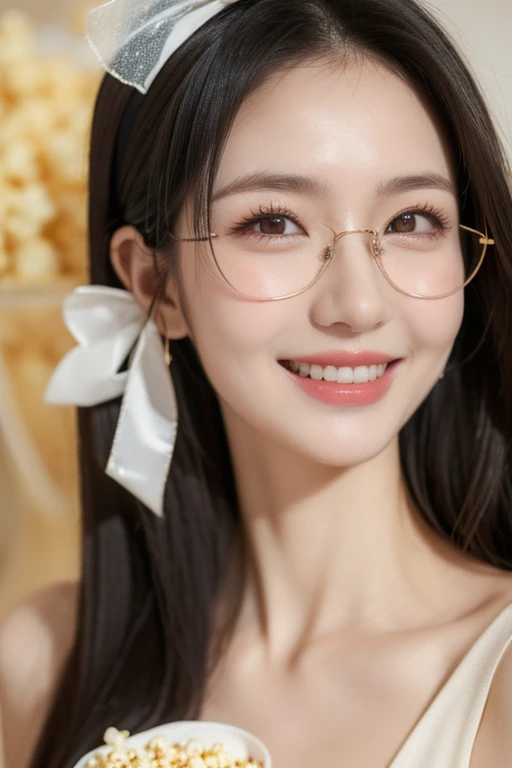 (( best quality)), ((傑 best quality、masterpiece、High sensitivity、 high resolution、 detailed depiction 、 depicting a delicate face))Slender Woman、Glasses、 with a smile、check bow 、 Party dresses、Popcorn bursts、