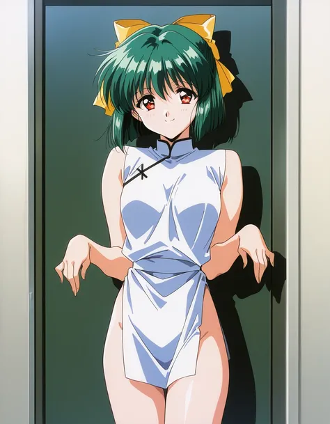 Yakuyu , Alone, (cowboy shot), 1990s \( style\),  green hair,  short hair,  red eyes,  hair bow,  Yellow Ribbon ,  small breasts, (bright smile:1.2), ( sexy pose),  score_9,  score_8_superior,  score_7_superior,  source_anime, (best quality:1.2), masterpie...