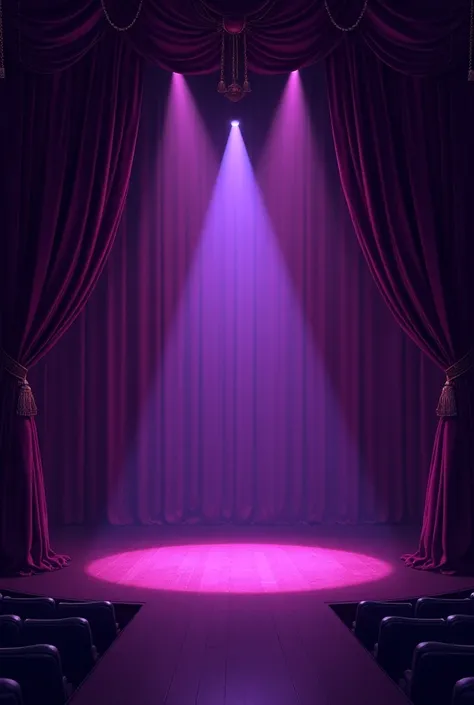 In a purple theater the curtains are closed and they are also purple and paparazzi are waiting there’s no people there’s cameras and mics are waiting for opening 