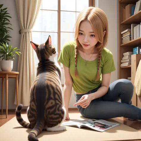 Imagine a slightly chubby Munchkin cat with a dark brown tabby and white pattern, a Japanese female college student with long blonde hair wearing a lime green cut and sew shirt and dark gray jeans, lying face down on the living room floor reading a manga, ...