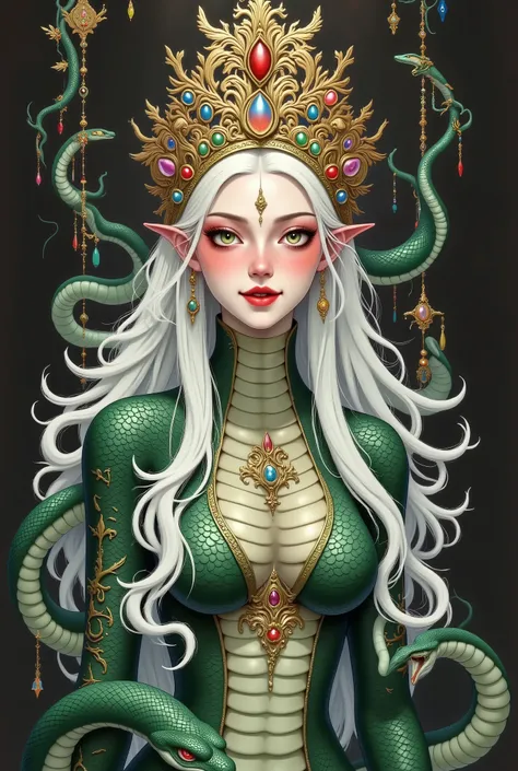  A woman with a snake and crown on her head, Snake Queen ,  Beautiful Female Golgi , Snake Woman hybrid, eldritch goddess, White-haired gods, Snake Woman, dark Snake Queen ,  Amano Yoshitaka Carol Buck , Dragon Queen,   Her many snakes are like hair  , god...