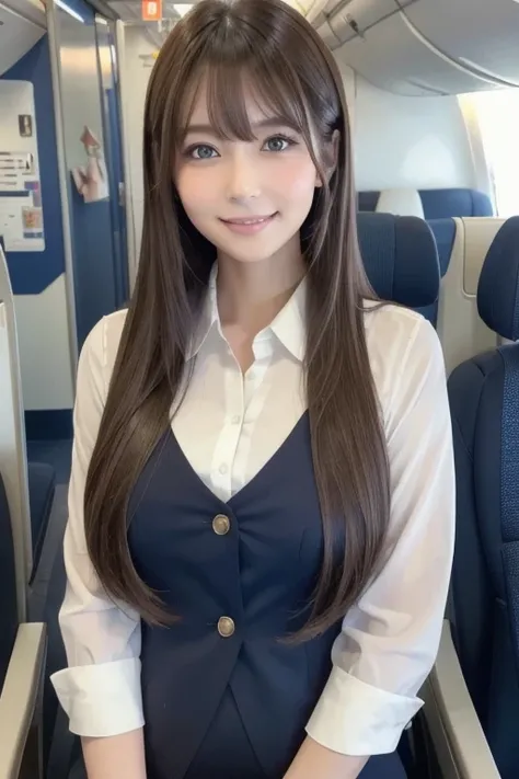 High resolution, Long Hair, bangs, Brown Hair、  woman、chest, Model from Tokyo、Height: 168cm、　Beautiful Face、
Droopy eyes,  Beautiful CA.、Flight Attendant、 whole body、Smile, 