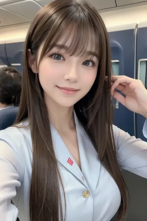 High resolution, Long Hair, bangs, Brown Hair、  woman、chest, Model from Tokyo、Height: 168cm、　Beautiful Face、
Droopy eyes,  Beautiful CA.、Flight Attendant、 whole body、Smile, 