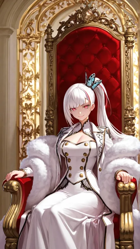 a beautiful big-breasted queen is sitting on a throne in a transparent, tight, open dress , royal background Masterpiece, Super detailed, HD, quality, long hair, light red eyes, super detail background, white hair, asymmetrical Ponytail, butterfly hair cut...