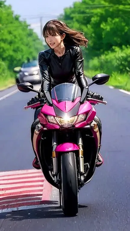 As I walked down the road、There is a woman riding a pink 1300cc bike.。.., (((Wheelie))) Ride a 1300cc motorcycle on a straight road, America. (This scene、  captures the speed and power of the scene ..))), (((Dynamic and powerful composition))