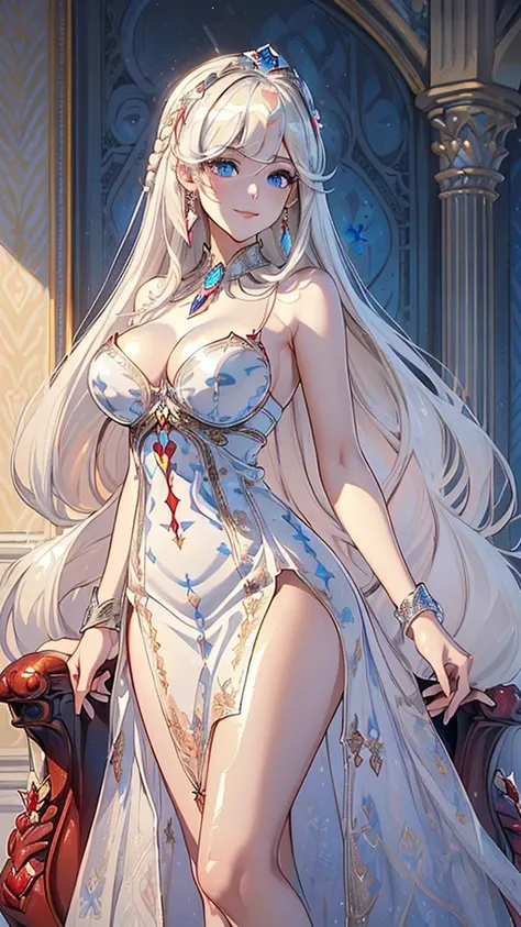 Masterpiece, Ultra High Quality, Ultra HD Quality, The most beautiful woman in history, Anime, Slender body, (Big, ample breasts, cleavage), Tall, Small face, Well-proportioned figure, ((Beautiful white skin)), (shining Platinum white hair: 1.2), (((single...