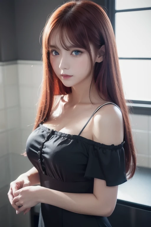  girl with long red hair,  heterochromic eye ,  blue-white skin,  flat chest,  is wearing a black dress and a crisp pink blouse,  A  girl of,   something that matches a mysterious and strong personality. whole,  her look will catch the eye ,  attract curio...