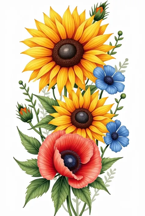 Large illustration, bookmark, bouquet of large sunflowers with poppies and cornflowers, with green leaves. The flowers have a bright, saturated color that attracts attention. On a white background. Watercolor tattoo drawing