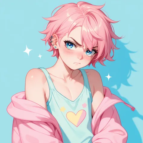 Anime femboy, stud ear piercing, unstyled short shoulder-length and soft pastel pink hair, fair skin, sparkling blue eyes, loose pastel-coloured outfit, off-shoulder jacket hoodie, cute tank top, Blush, annoyed, Accurate