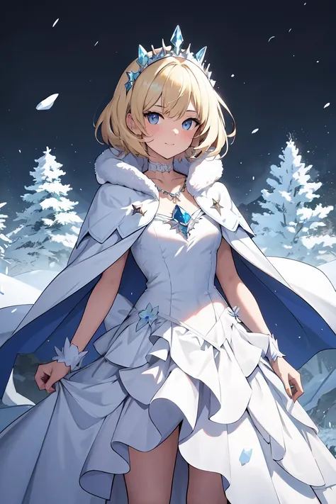 Une magnifique princesse de 19 ans avec des cheveux blonds. Elle est habillée d’une robe bleue avec des flocons dessus. Elle a un diadème en diamant et en saphir. Elle a un collier en diamant avec des un pendantif en saphir. Elle a une cape bleu transparen...