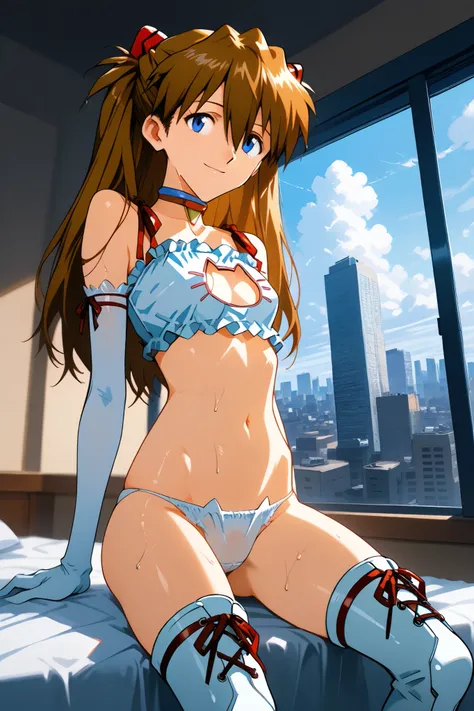 asuka_langley,1 female,solo,looking at the scenery,smile,
I_,wet brown hair,viewer,blue eyes,long hair,hair between the eyes,beautiful eyes,more detailed hair,

lace up boots,thigh-high boots,japanese mythology（1.3）,himiko,cat cutout,white panties,high hee...