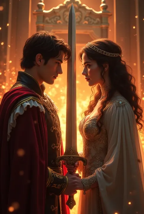 a brown-haired prince and a brown-haired princess standing looking at each other, with a sword between them , Behind you must see a throne and fire