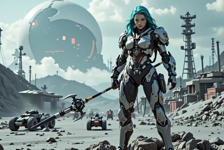  cyborg, Exosuits, Mecha,  future,  Nerissa Tidkoller is a 34-year-old ferocious warrior , Statue-like,   blue hair ,  green eyes,  Trident ,  Water Magic ,  Guardian .,  cybersilk combat equipment , This sophisticated ,  future bodysuit is woven from cybe...