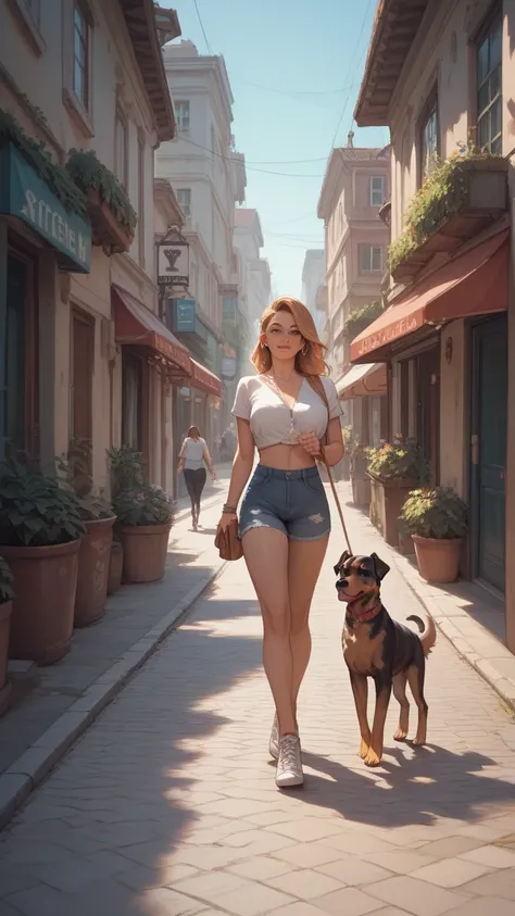 A girl walking her dog on the street 