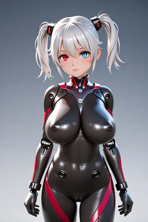 anime style, 1girl, loli, big breasts, heterochromia, bodysuit, battlesuit, cyborg, robot joints, 3d, nsfw, high resolution, high quality, hd