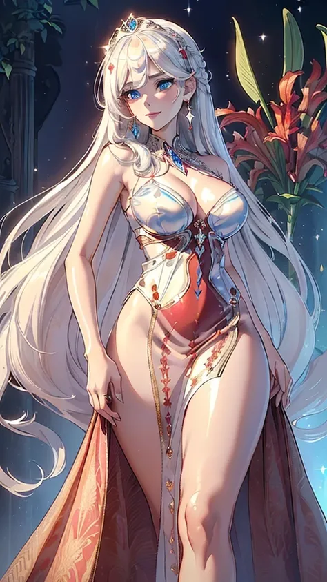 Masterpiece, Ultra High Quality, Ultra HD Quality, The most beautiful woman in history, Anime, Slender body, (Big, ample breasts, cleavage), Tall, Small face, Well-proportioned figure, ((Beautiful white skin)), (shining Platinum white hair: 1.2), (((single...