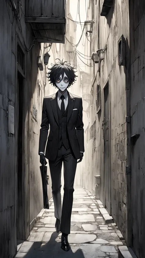  Tim Burton's style、 man in black suit entering an alley