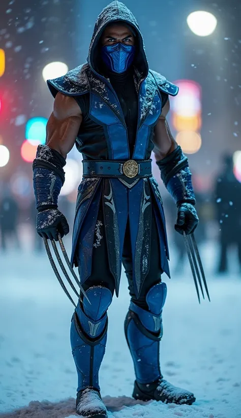 A hybrid fusion between two characters, Sub-Zero from Mortal Kombat and Wolverine from X-Men. This fusion will mix the uniforms of both with Wolverine's claws shining, bright blue eyes, Sub-Zero's chrome mask mixed with Wolverine's mask. Snow on the body i...