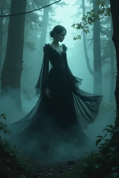 "A glowing ghost wearing elegant black clothes, floating in a misty, moonlit forest. The outfit is detailed with flowing fabrics, blending eerie supernatural beauty with mystery."