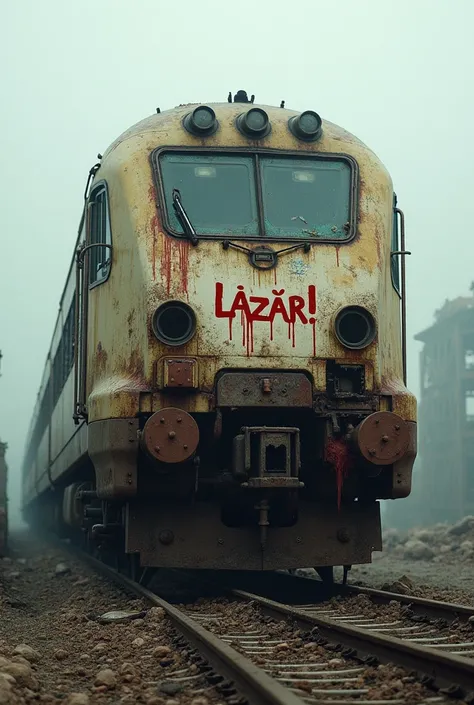  A totally damaged , bloody  , broken , incomplete for these year-old Shinkansen diesel bullet train locomotive started to rot with the inscription LAZÁR! in a ruined world !