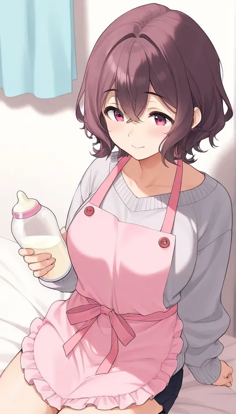 Nanny、 1 woman、 short hair、perm、 tea hair、 Gentle Smile 、 mature body 、 Innocent、baby bottle、nursery school、 girl sitting、 apron、 loose sweater 、baby shota