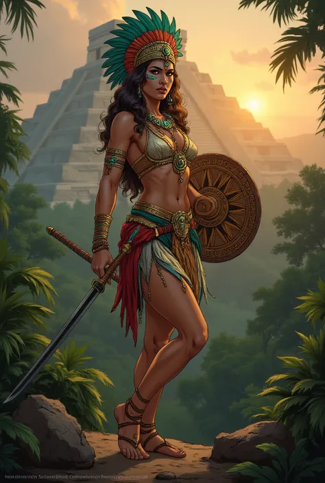 **"Close-up portrait of a powerful and graceful Mayan warrior woman standing confidently in a lush rainforest at dawn, surrounded by the sounds and sights of nature. She is adorned with an intricate feathered headdress in shades of emerald green, gold, and...