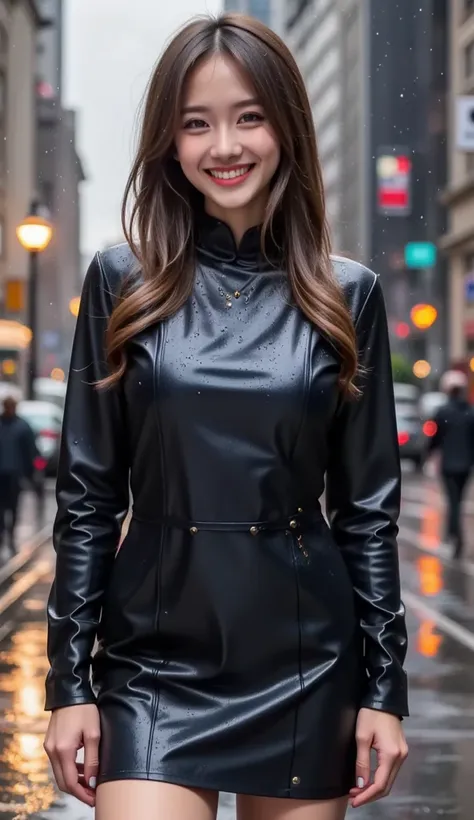 A young slender woman stands confidently in the midst of a bustling cityscape, her full figure posed proudly as she wears a long sleeves leather dress that clings to her body, glistening with raindrops. Her skin is radiant and wet, with droplets of water d...