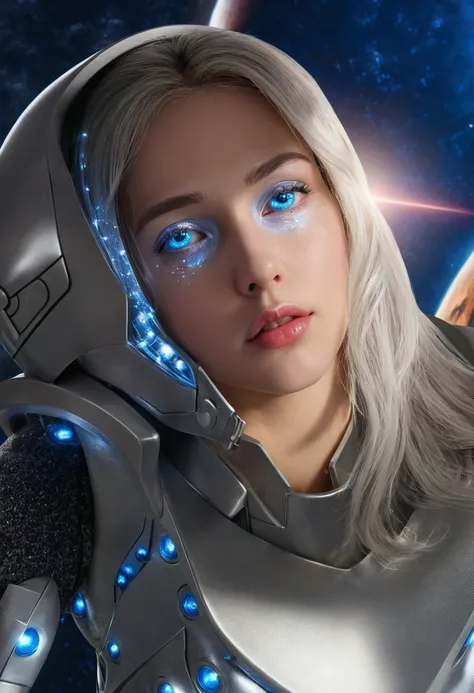 (Close-up of a better masterpiece:1.5)0.9], (Space and astronauts:1.2) (Messy silver hair:1.1) (Heterochromia xanthochromia and blue eyes:1.2) (Space Helmet:1.0) (Colored stars in the eyes:1.0) (A radiant glow:1.1) (thick lips:0.9)