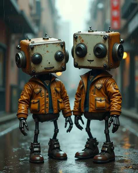 The image shows a couple friendly square robot in a dark, rainy urban scene. The robot has a large, round head with protruding eyes that resemble lenses or cameras, giving it a curious or innocent expression. Its head is made of metal with a worn look, con...