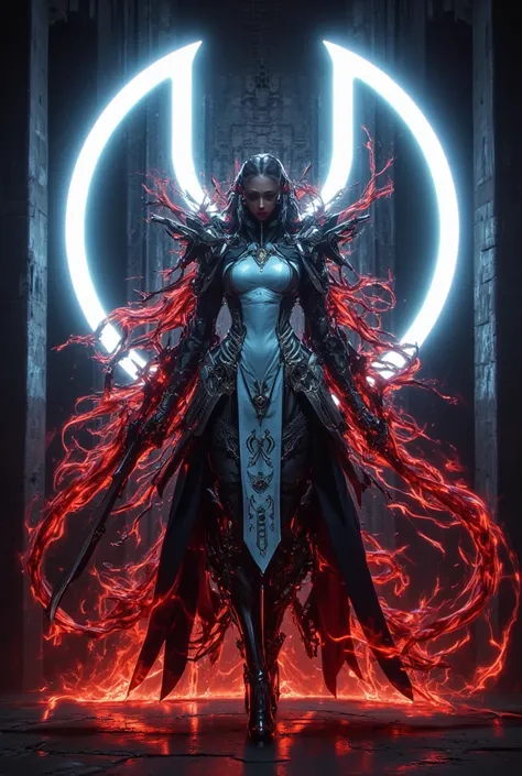 has the name "taurus" neon in cool font. A beautiful woman wearing blue armor has a red aura in the form of a knight wearing barbarian armor.
