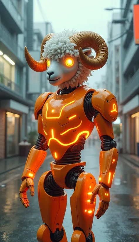  Fantastic　Japan　Office District　 light orange cool robot with light orange LED light　The head is a sheep's face 　　Horn　Ashimoto pattern full body