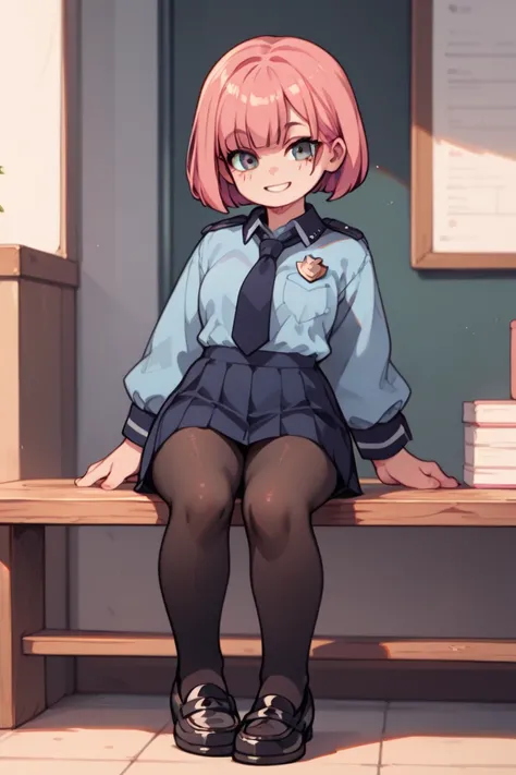  1 woman(masterpiece、 Super high quality)、 elementary school students(Young)、Policewoman&#39;s uniform( miniskirt)、 pink hair with a scar( bob cut)、 Gentle Smile 、 black tights、 Black Loafers