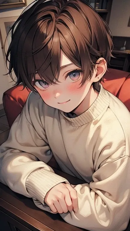 1boy , 18yo,  handsome、 clean line drawing , Transparent watercolor, Clear Shading,  chestnut brown hair  , Warm maroon eyes ,  white sweater from slightly above, Shy、smile， embarrassing，blush、 cozy living room,  Medium shot that captures the warmth of the...