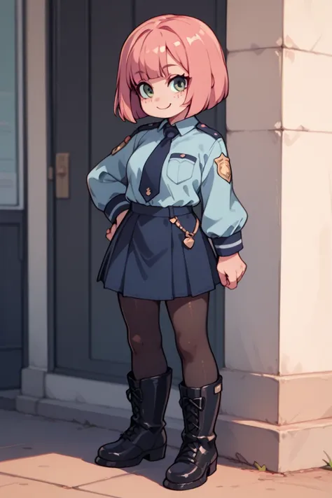  1 woman(masterpiece、 Super high quality)、 elementary school students(Young)、Policewoman&#39;s uniform( miniskirt)、 pink hair with a scar( bob cut)、 Gentle Smile 、 black tights、Black rider boots