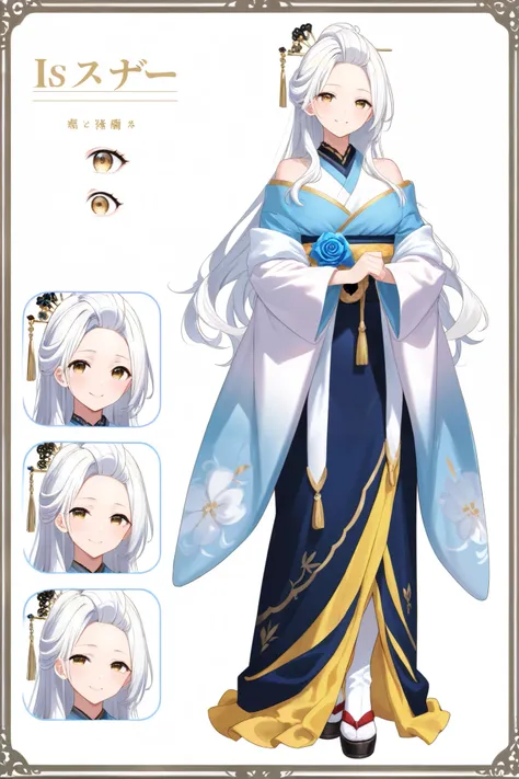  golden eyes, is standing,  character sheet ,  white background,  shoulder out、whole body,masterpiece、 beautiful woman、 white hair、 centered 、 long hair、 long dress 、smile、Droopy eyes、Good posture、Blue Rose Hairpin、Forehead、 kimono、