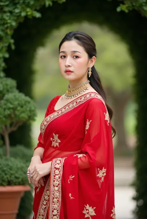 a beautiful Korean woman stands in a red saree adorned with gold embroidery. She is adorned with a gold necklace and earrings, her hair cascades over her shoulders, adding a touch of beauty to her outfit. The saree is a deep red, adorned with golden embroi...