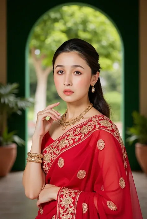 a beautiful Korean woman stands in a red saree adorned with gold embroidery. She is adorned with a gold necklace and earrings, her hair cascades over her shoulders, adding a touch of beauty to her outfit. The saree is a deep red, adorned with golden embroi...