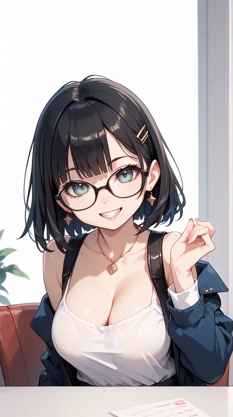 Black hair, glasses, teeth