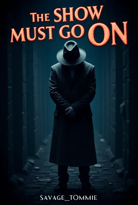 A detective wearing a hat with his head bowed, the hat is covering his face, he is wearing a long coat and shoes , it is night . The title is the book is: The show must go on . The author is : savage_tommie 