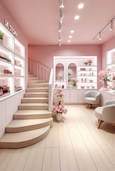 The LK Story store is a modern and cozy space, dedicated to the world of makeup .  The walls are painted in a very faint pink , combined with white details ,  creating a delicate and welcoming environment .  The light wood floor adds a rustic and elegant t...