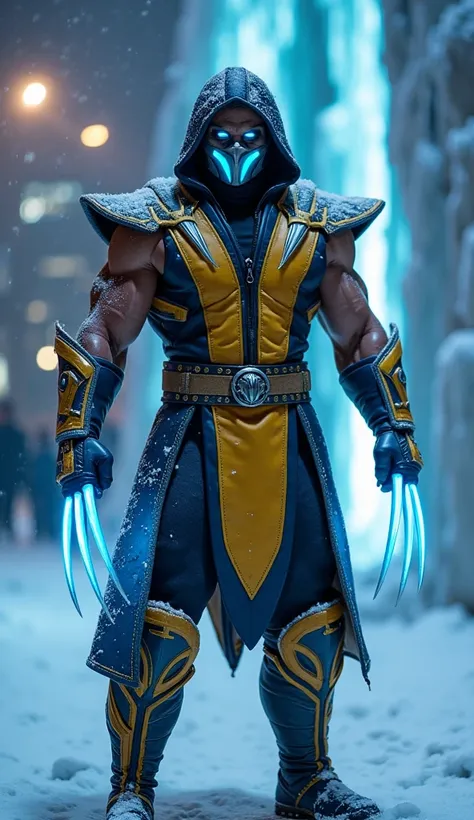 a hybrid fusion between Mortal Kombat's Sub-Zero and Wolverine, bright blue eyes, silver Wolverine mask, gold details on the uniform, bright blue adamantium claws, Snow on the body in a snowy illuminated city and an ice wall behind, at night, 4k, showing t...