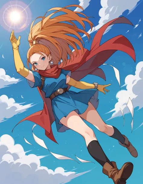  score_9,  score_8_ up,  score_7_ up,  source_Anime, rating_  explicit ,  blake dabra  ,  1 girl in the best,  orange hair,  high ponytails,  long hair, 紫色の目,  earrings,   Jewelry,  red cloak ,  blue dress, Short sleeve,   elbow gloves , Yellow gloves, bel...